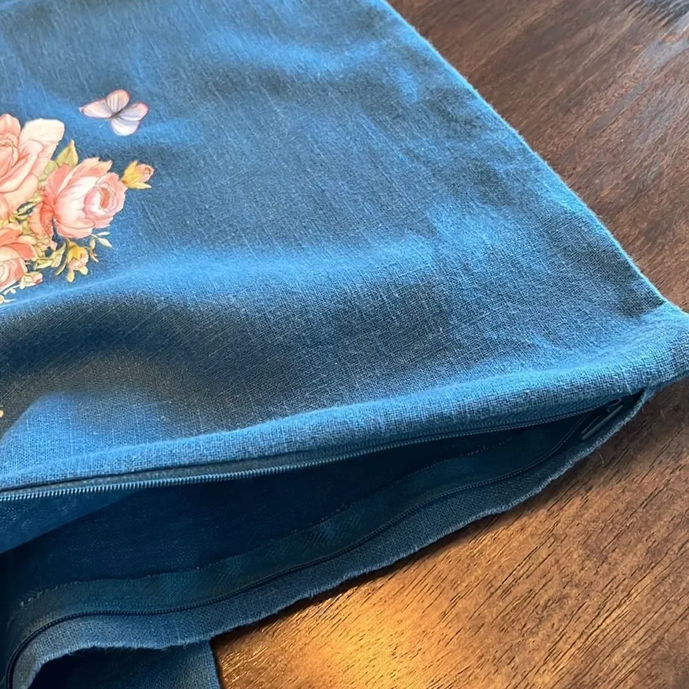 IKEA Blue Upcycled Pillow Covers w/ Floral Transfers w/ Zipper Closure- 2 pcs.